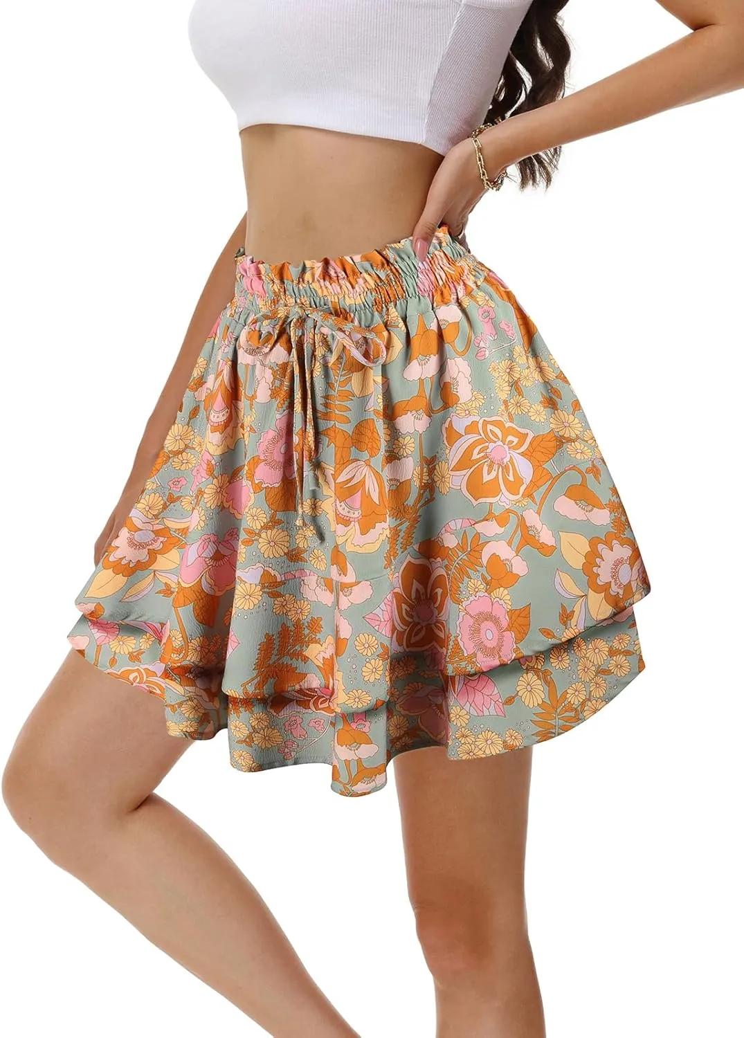 Kimmery Women's Boho Ruffle Skirt Floral Tiered Mini Skirts with Shorts Underneath