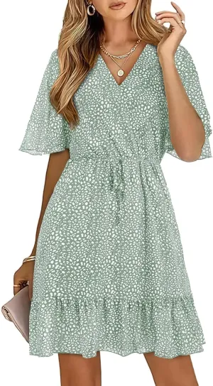 KIRUNDO Women's Summer Dresses 2025 Casual Short Sleeve V Neck Ruffle Floral Print High Waist Flowy Mini Dress with Belt