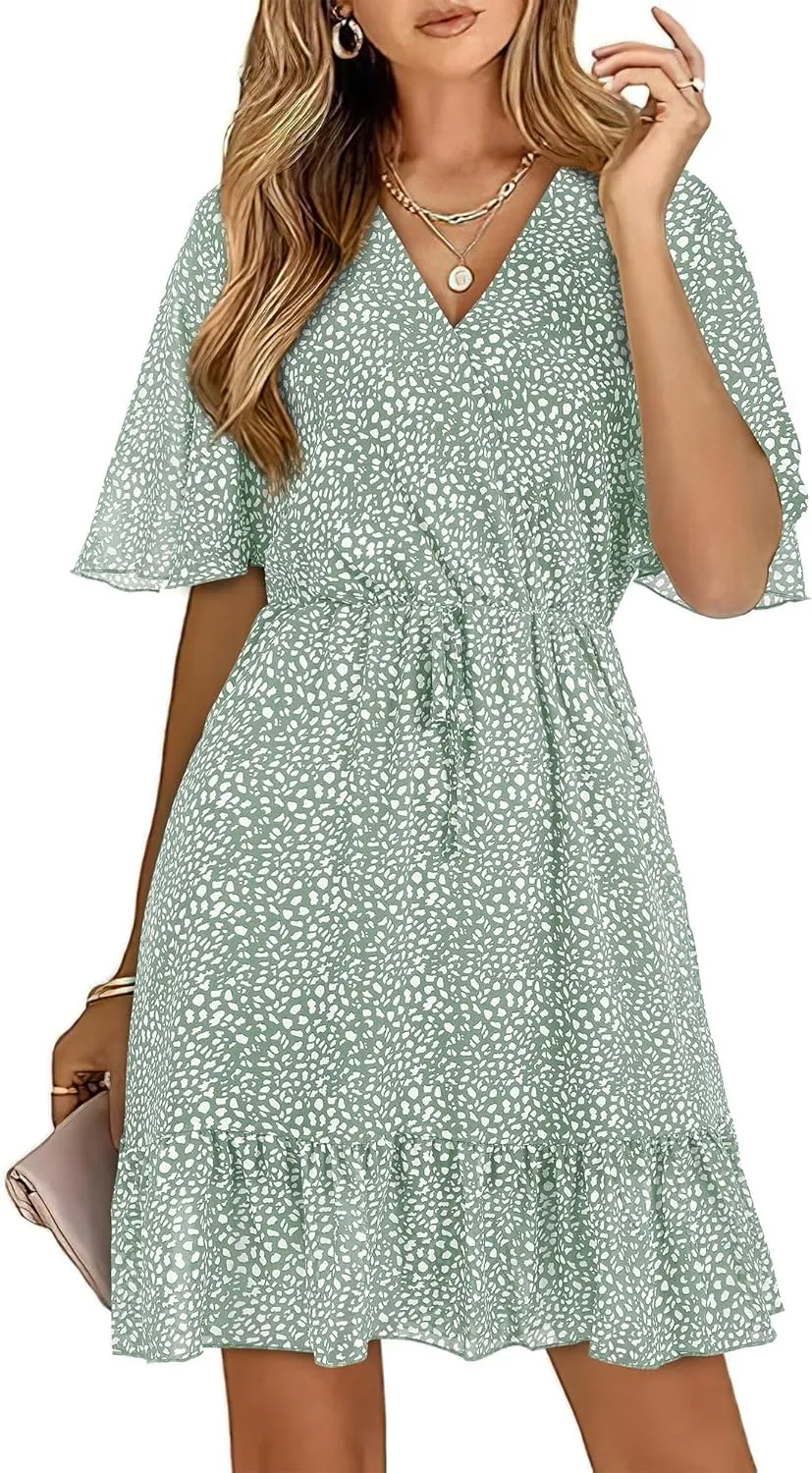 KIRUNDO Women's Summer Dresses 2025 Casual Short Sleeve V Neck Ruffle Floral Print High Waist Flowy Mini Dress with Belt