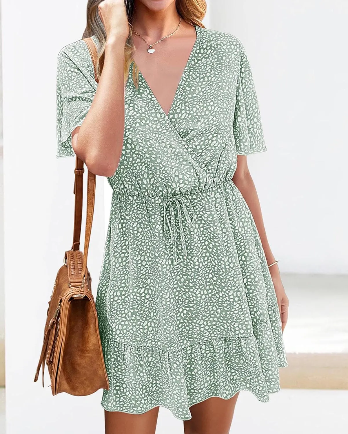 KIRUNDO Women's Summer Dresses 2025 Casual Short Sleeve V Neck Ruffle Floral Print High Waist Flowy Mini Dress with Belt