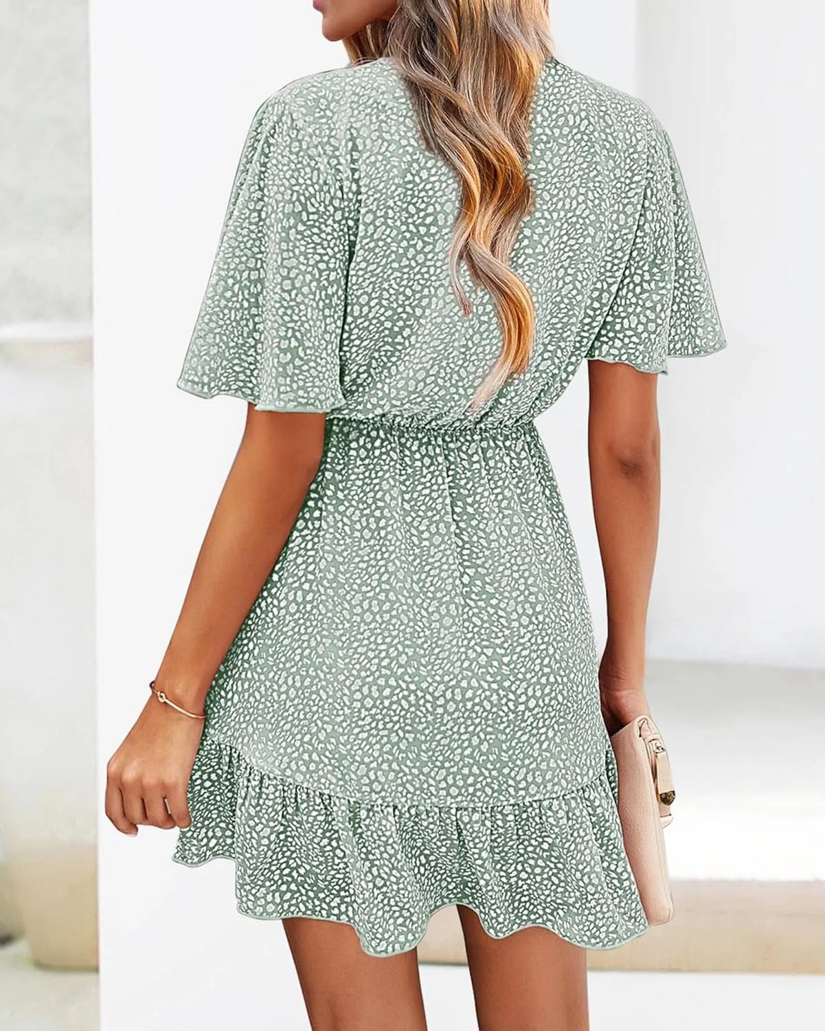 KIRUNDO Women's Summer Dresses 2025 Casual Short Sleeve V Neck Ruffle Floral Print High Waist Flowy Mini Dress with Belt