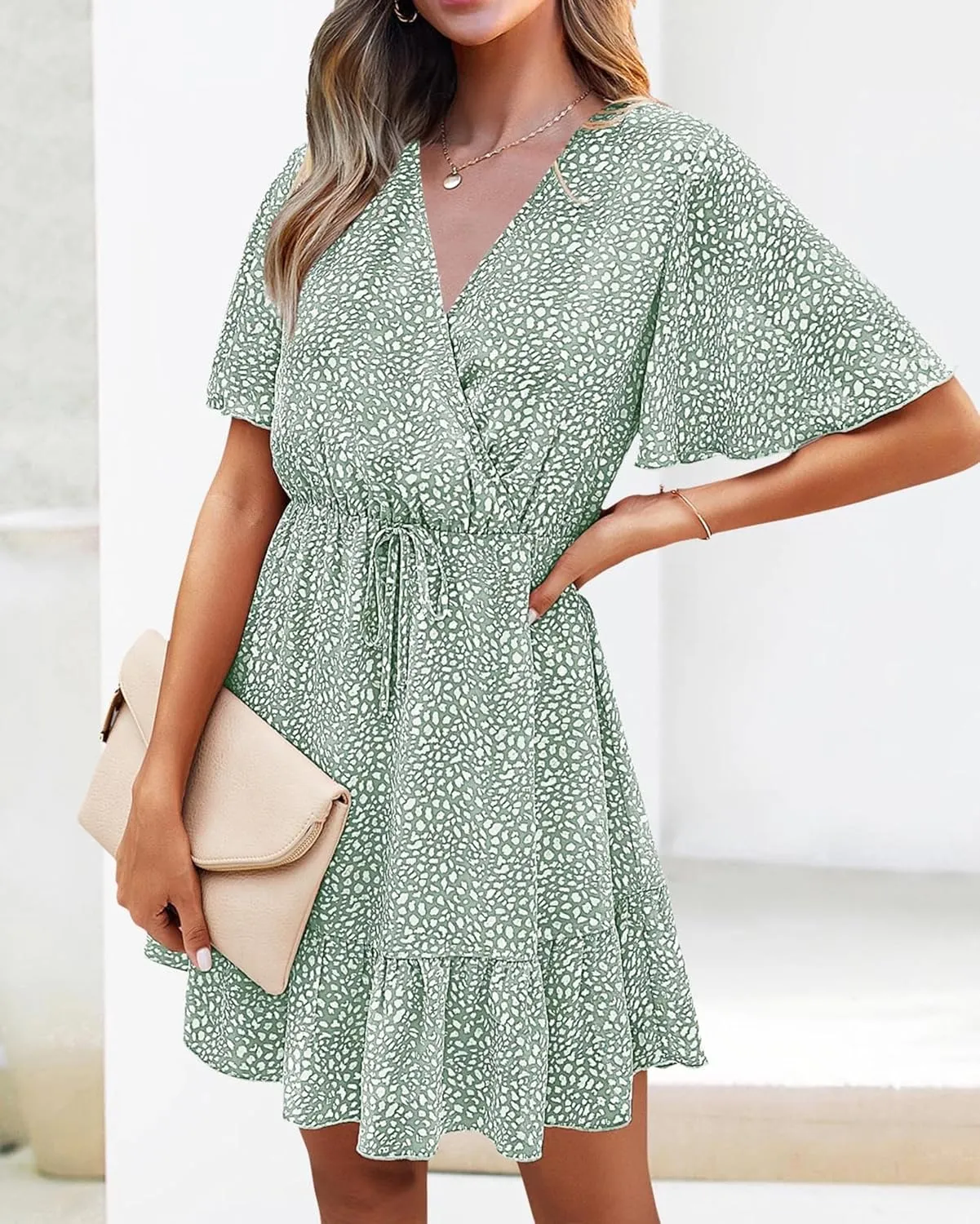 KIRUNDO Women's Summer Dresses 2025 Casual Short Sleeve V Neck Ruffle Floral Print High Waist Flowy Mini Dress with Belt