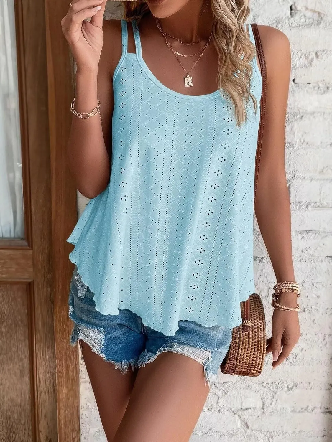 KKJ Womens Cute Tank Tops Eyelet Sleeveless Spaghetti Strap Scoop Neck Loose Casual 2025 Summer Beach Vacation Flowy Shirts