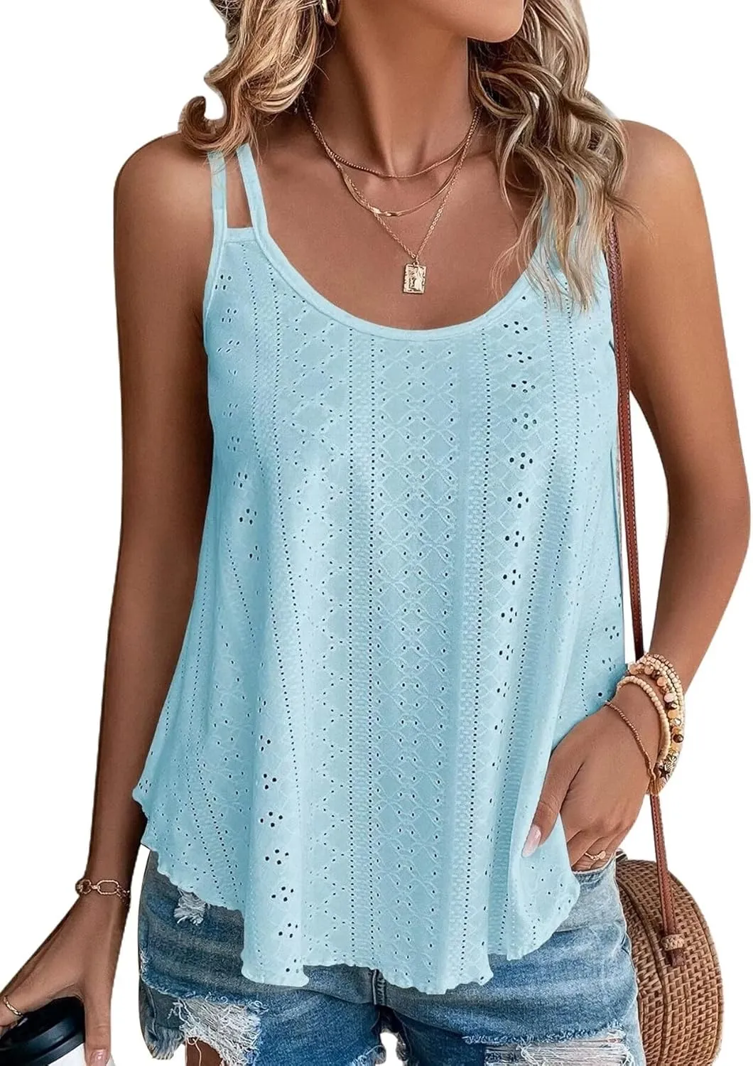 KKJ Womens Cute Tank Tops Eyelet Sleeveless Spaghetti Strap Scoop Neck Loose Casual 2025 Summer Beach Vacation Flowy Shirts