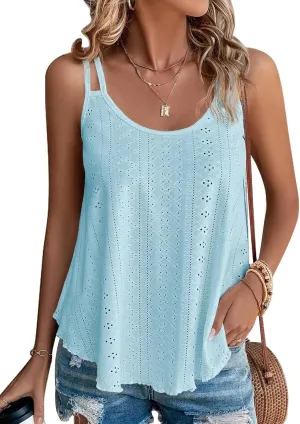 KKJ Womens Cute Tank Tops Eyelet Sleeveless Spaghetti Strap Scoop Neck Loose Casual 2025 Summer Beach Vacation Flowy Shirts