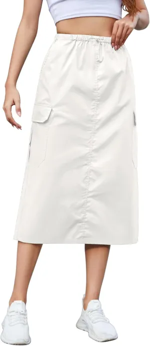 KTILG Midi Cargo Skirt with Multiple Pockets Adjustable Drawstring Back Split Solid Size XS-L