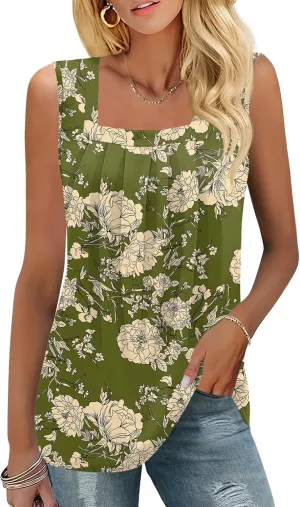 KTILG Summer Sleeveless Square Neck Tops Flowy Pleated Tunic Tank Tops for Women Loose Fit S-3XL