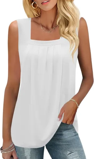 KTILG Summer Sleeveless Square Neck Tops Flowy Pleated Tunic Tank Tops for Women Loose Fit S-3XL
