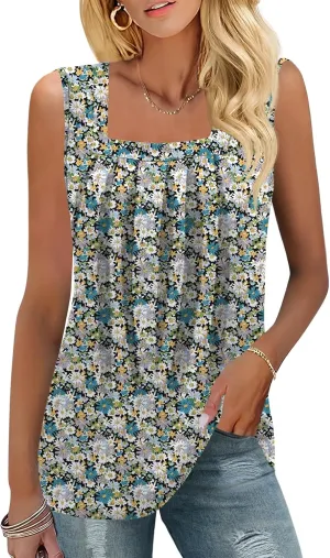 KTILG Summer Sleeveless Square Neck Tops Flowy Pleated Tunic Tank Tops for Women Loose Fit S-3XL