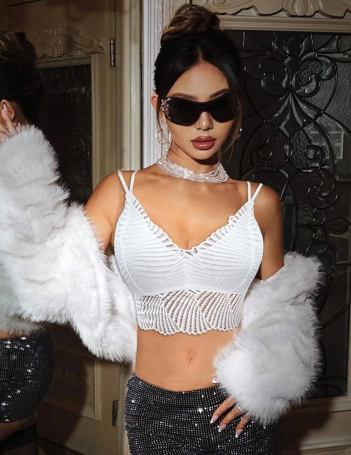 Lace Bralette for Women Camisole Bra Tops Corset Tank Top with Built in Bra(Detachable) Cropped Sexy Tops