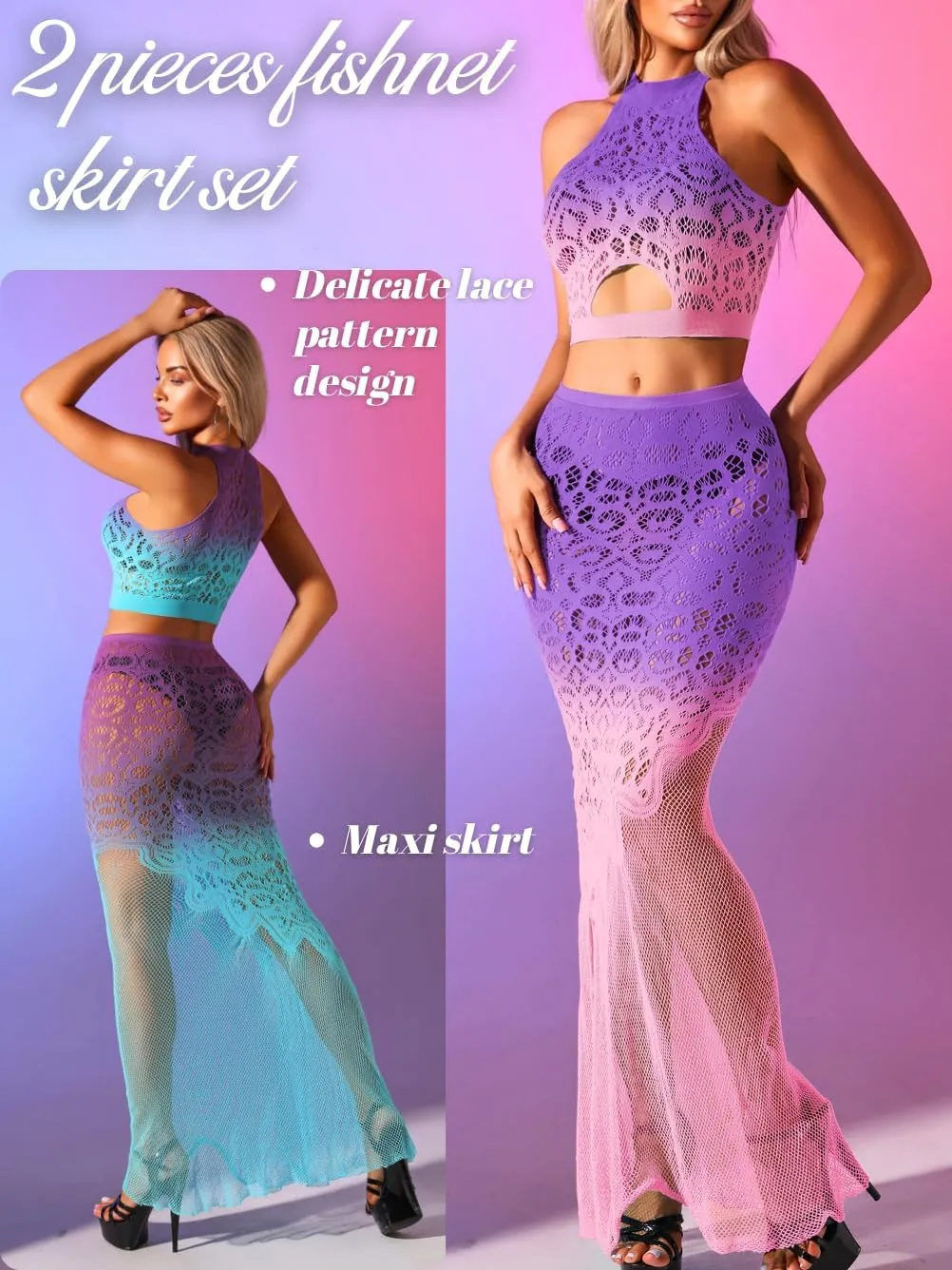 Lace Two Piece Set Outfit,Mermaid Tie Dye Sheer Mesh Cover Up Skirt,Sexy Beach Outfits for Women Vacation