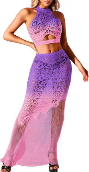 Lace Two Piece Set Outfit,Mermaid Tie Dye Sheer Mesh Cover Up Skirt,Sexy Beach Outfits for Women Vacation