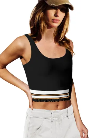 LAMISSCHE Womens Cropped Tank Tops Workout Padded Sports Bra Athletic Yoga Gym Tops Striped Ruffle Camisole
