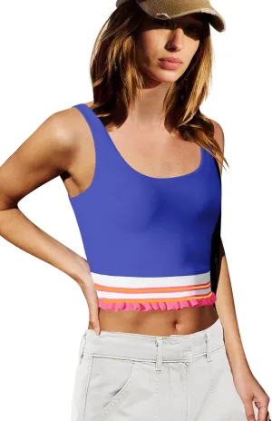LAMISSCHE Womens Cropped Tank Tops Workout Padded Sports Bra Athletic Yoga Gym Tops Striped Ruffle Camisole