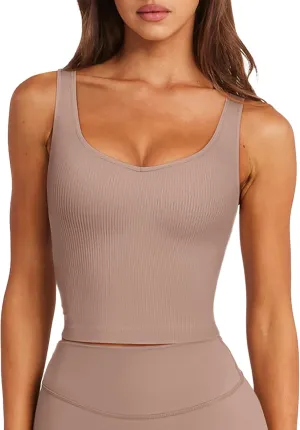LASLULU Womens Longline Sports Bra Ribbed Seamless Wirefree Padded Tank Tops Medium Support Workout Casual Crop Tops