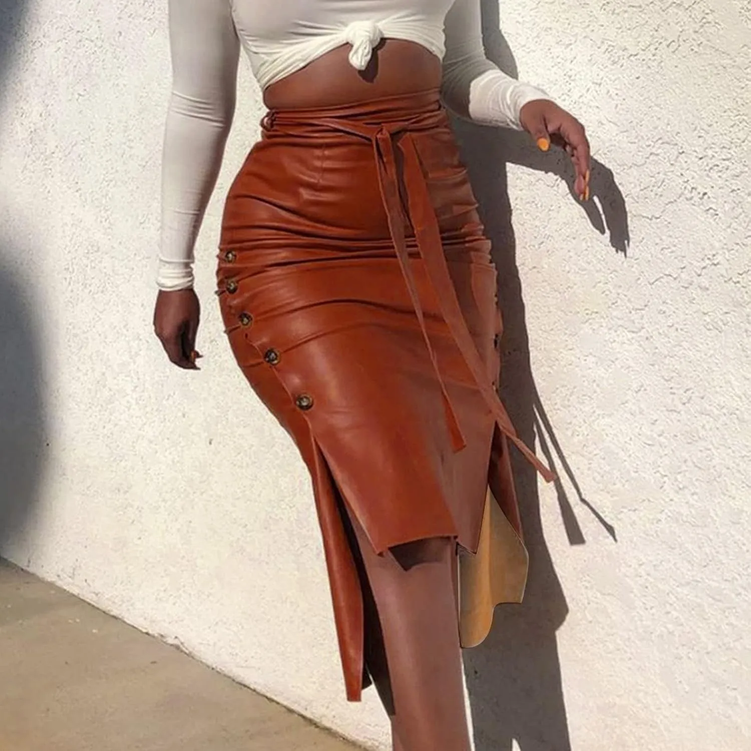 Leather Skirt for Women Trendy High Waisted Slit Side Wrap Button Waistband Knee Length Bodycon Skirts with Belt
