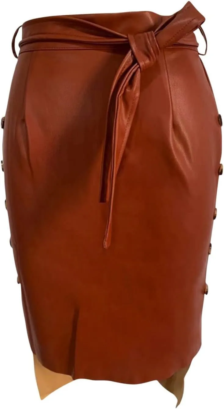 Leather Skirt for Women Trendy High Waisted Slit Side Wrap Button Waistband Knee Length Bodycon Skirts with Belt