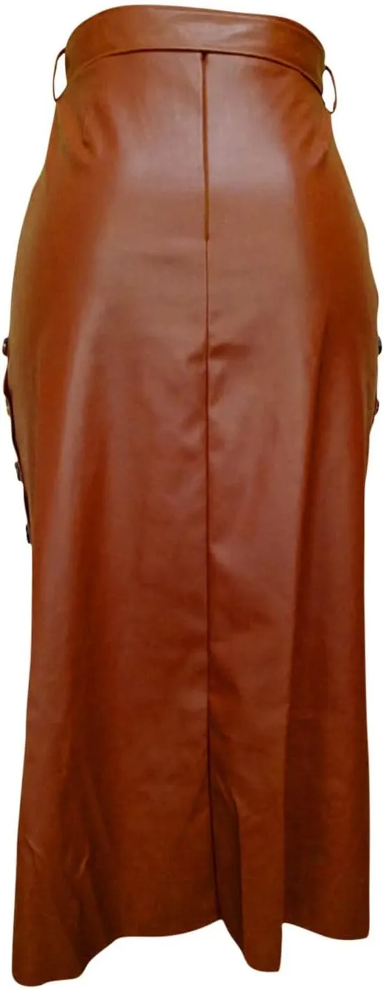 Leather Skirt for Women Trendy High Waisted Slit Side Wrap Button Waistband Knee Length Bodycon Skirts with Belt