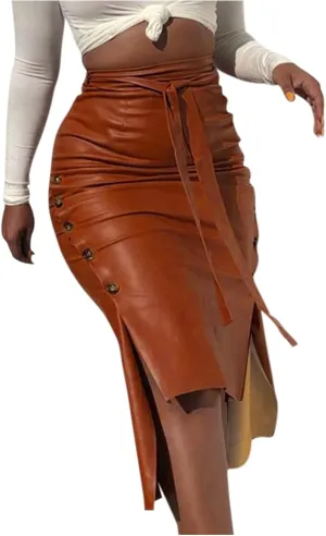 Leather Skirt for Women Trendy High Waisted Slit Side Wrap Button Waistband Knee Length Bodycon Skirts with Belt