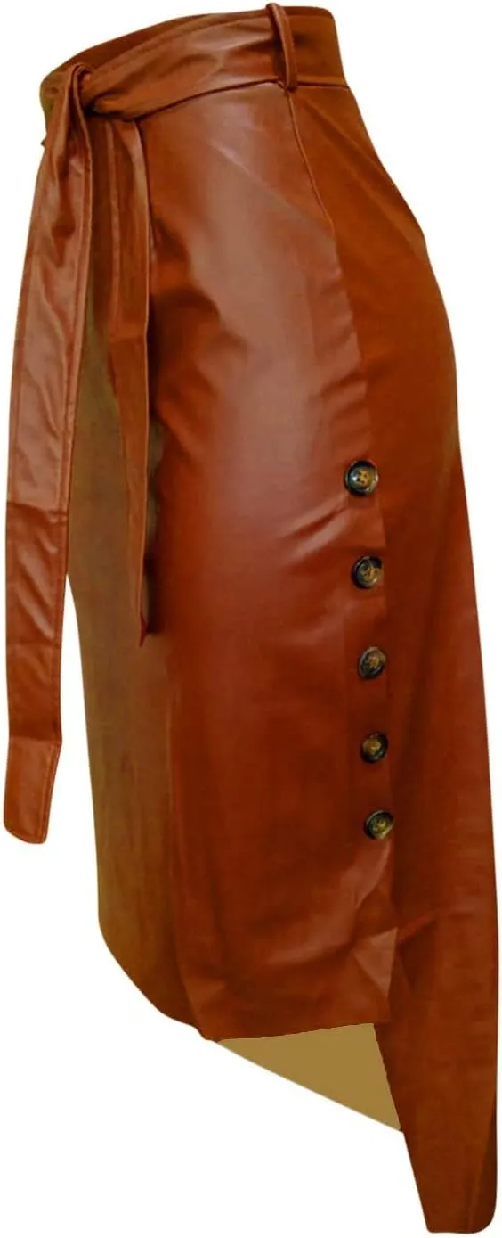 Leather Skirt for Women Trendy High Waisted Slit Side Wrap Button Waistband Knee Length Bodycon Skirts with Belt