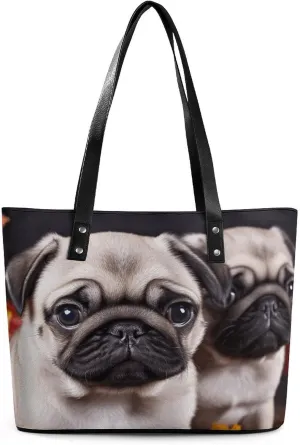 Leather Tote Bag Crossbody Bags for Women Fashion Top Handle Handbag Puppys Pug Ladies Shoulder Bags Casual Beach Bag Gym Bages Ladies Purses for Shopping Work Travel