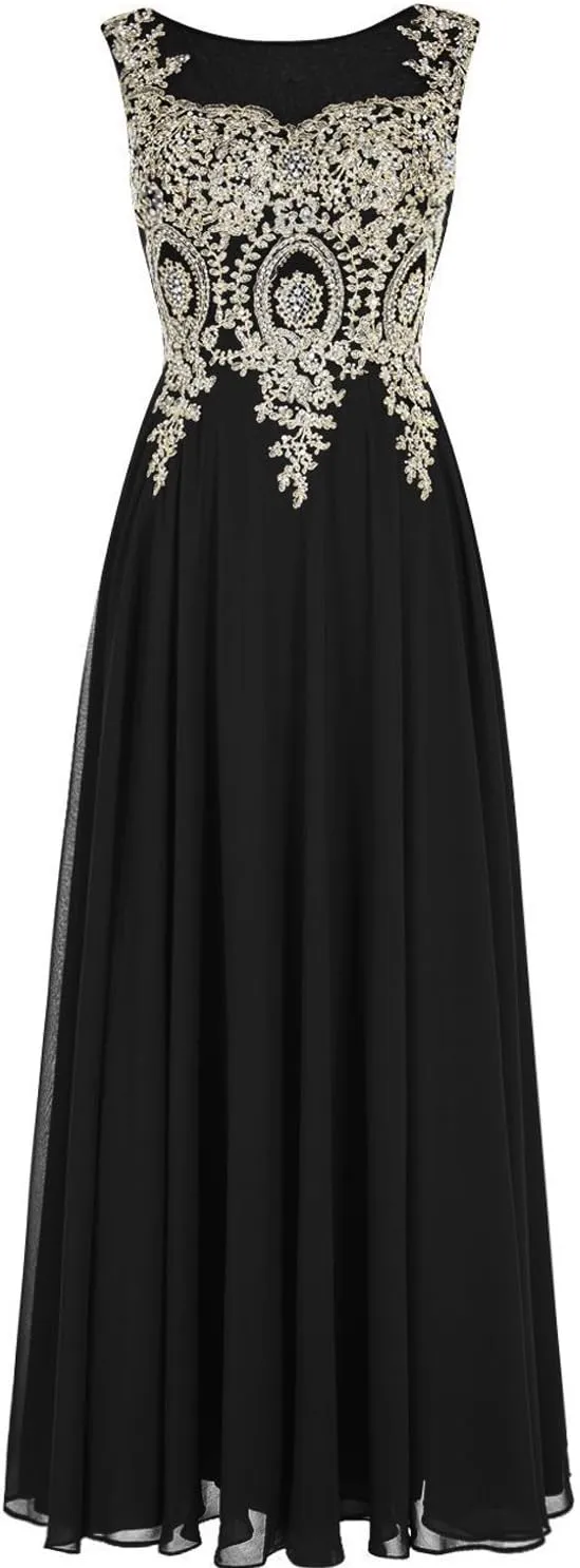 Lemai Crystals Gold Lace Chiffon A Line Sheer Back Formal Long Prom Evening Dresses