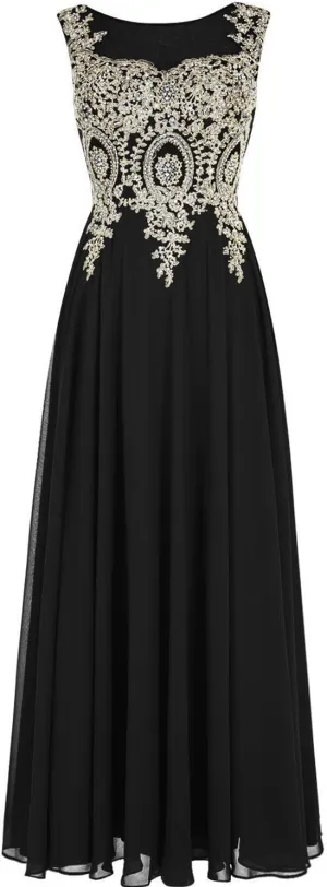 Lemai Crystals Gold Lace Chiffon A Line Sheer Back Formal Long Prom Evening Dresses