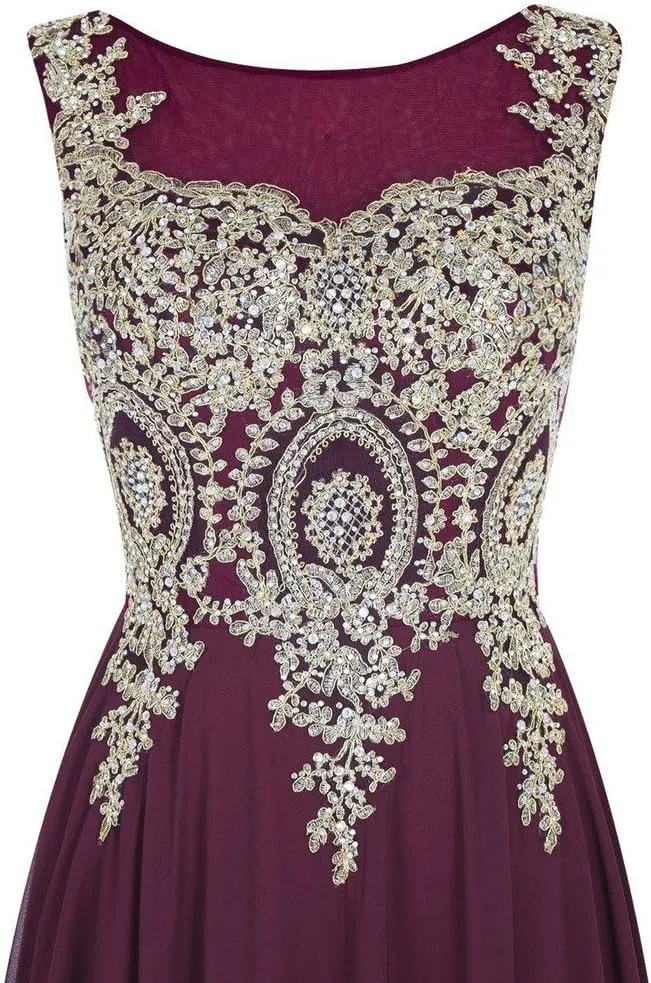 Lemai Crystals Gold Lace Chiffon A Line Sheer Back Formal Long Prom Evening Dresses