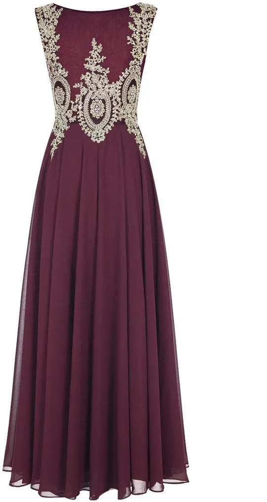 Lemai Crystals Gold Lace Chiffon A Line Sheer Back Formal Long Prom Evening Dresses