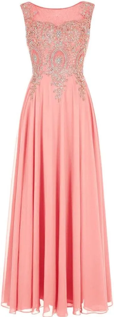 Lemai Crystals Gold Lace Chiffon A Line Sheer Back Formal Long Prom Evening Dresses