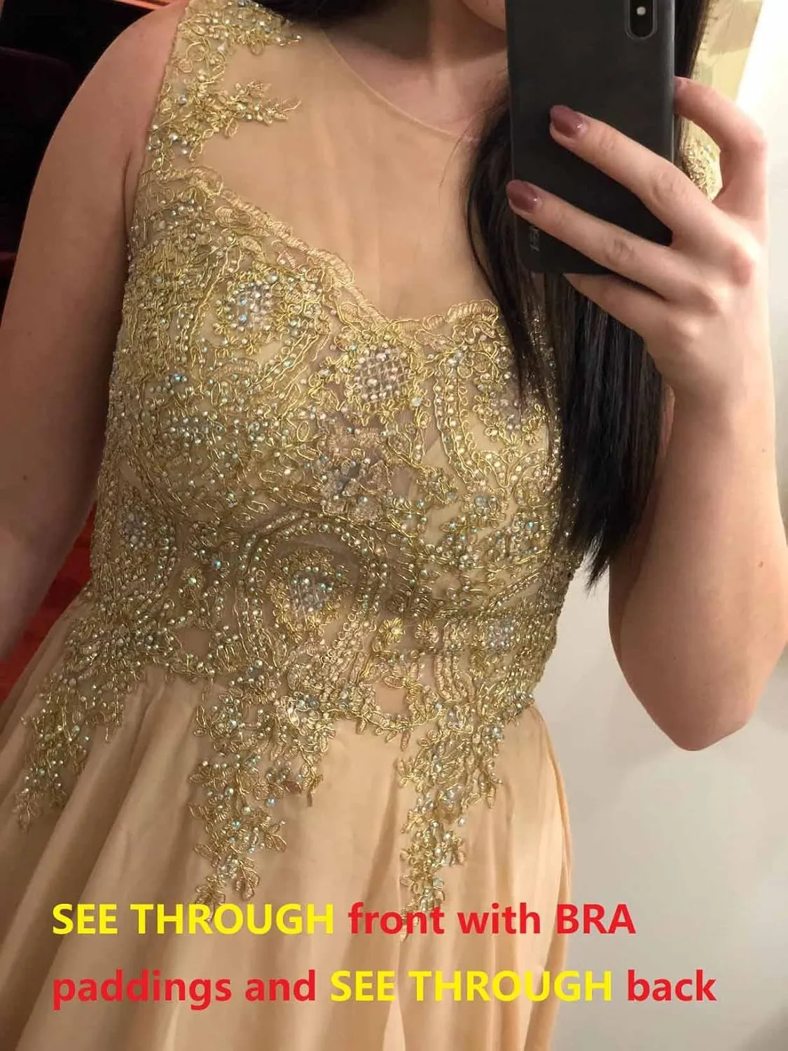Lemai Crystals Gold Lace Chiffon A Line Sheer Back Formal Long Prom Evening Dresses