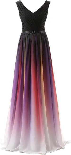 Lemai Long A Line Beaded Gradient Ombre Chiffon Formal Prom Evening Dresses