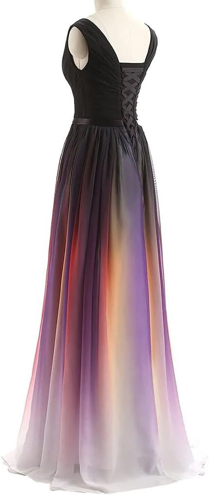 Lemai Long A Line Beaded Gradient Ombre Chiffon Formal Prom Evening Dresses