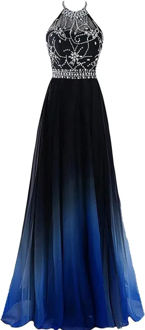 Lemai Long A Line Beaded Gradient Ombre Chiffon Formal Prom Evening Dresses