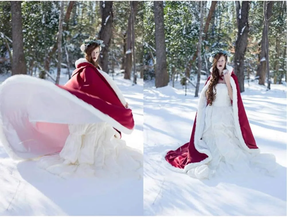 Lemai Warm Long Wedding Cloak Hooded Cape Winter Fur Trim and Hand Muff 71 IN