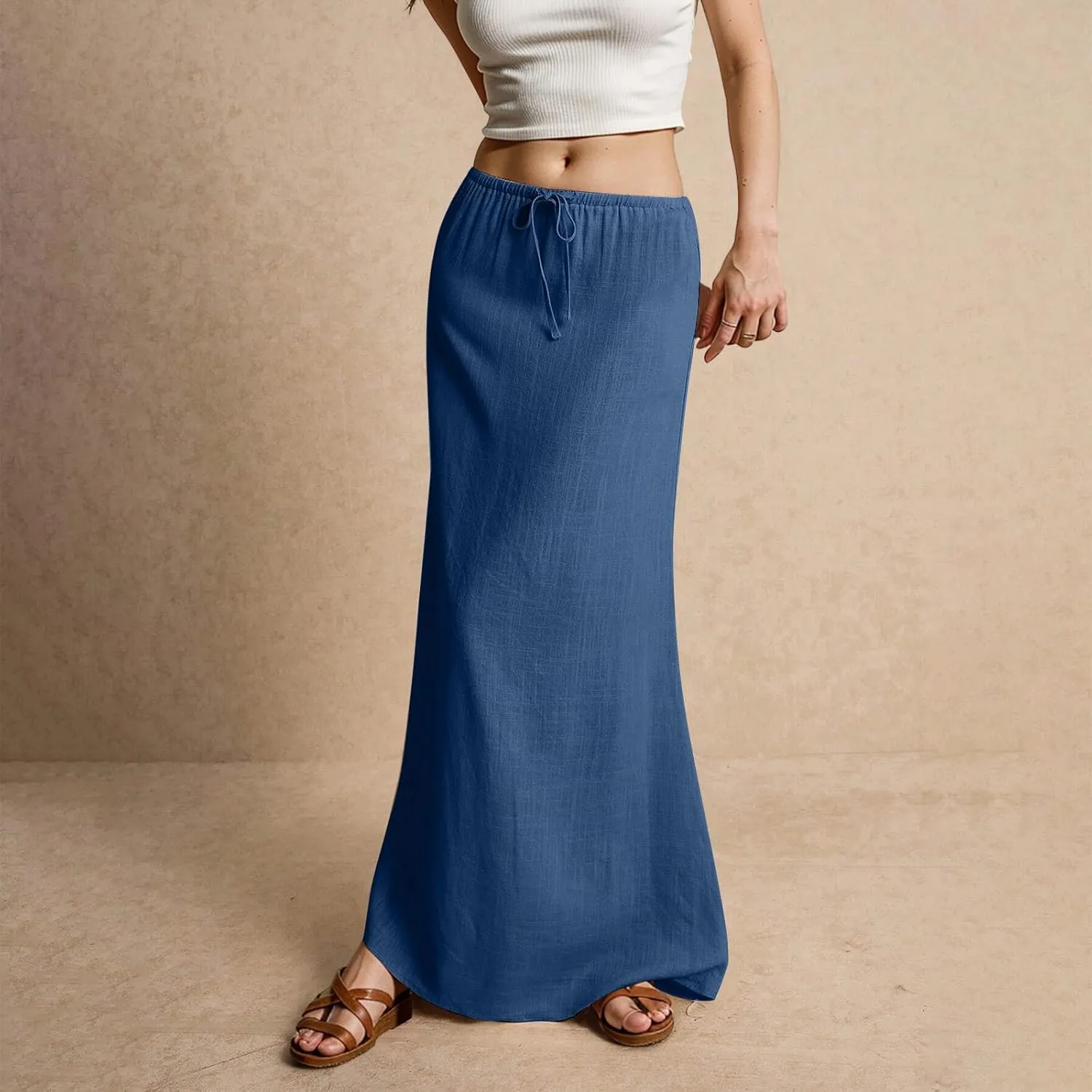 Linen Skirts for Women 2025 Summer Casual Maxi Skirt Drawstring Low Rise A-Line Flowy Boho Beach Vacation Outfits
