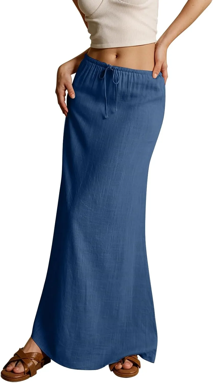 Linen Skirts for Women 2025 Summer Casual Maxi Skirt Drawstring Low Rise A-Line Flowy Boho Beach Vacation Outfits
