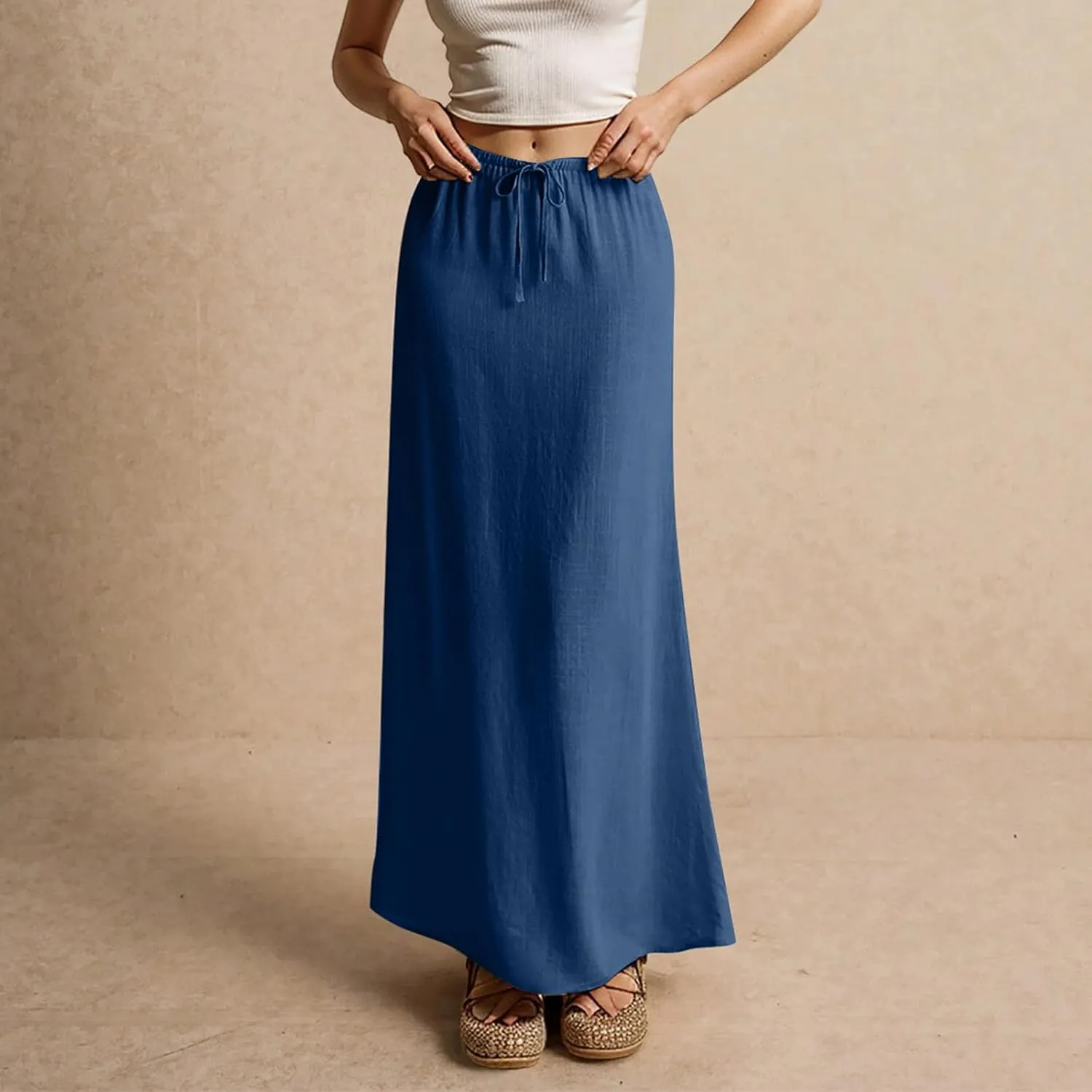 Linen Skirts for Women 2025 Summer Casual Maxi Skirt Drawstring Low Rise A-Line Flowy Boho Beach Vacation Outfits