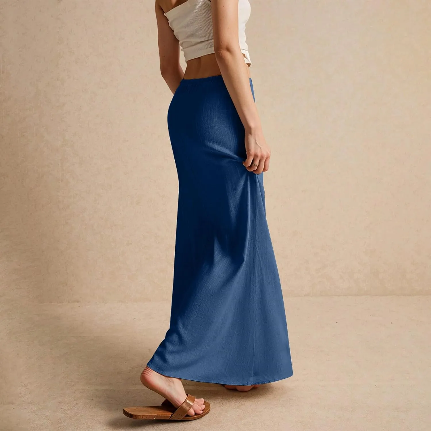 Linen Skirts for Women 2025 Summer Casual Maxi Skirt Drawstring Low Rise A-Line Flowy Boho Beach Vacation Outfits