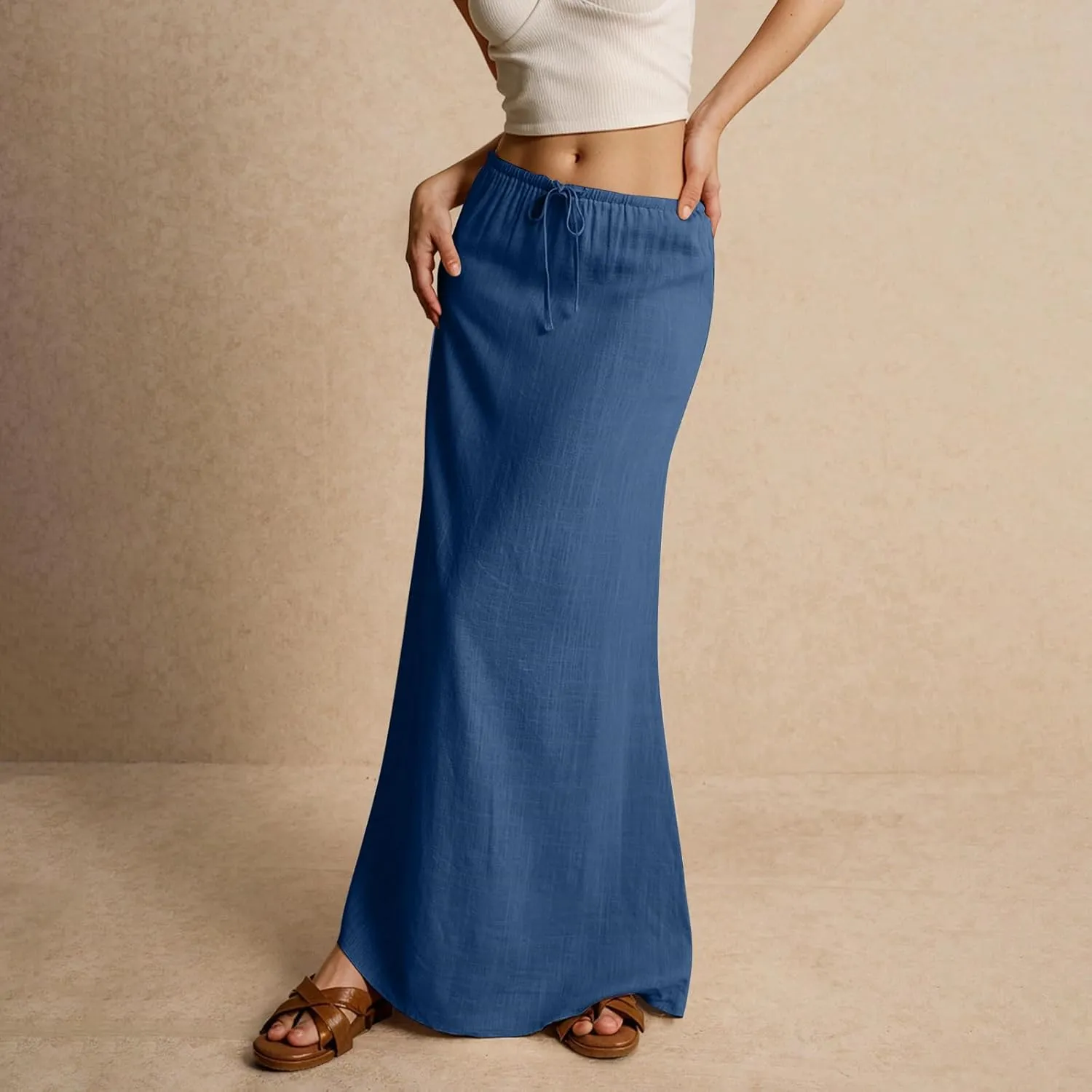 Linen Skirts for Women 2025 Summer Casual Maxi Skirt Drawstring Low Rise A-Line Flowy Boho Beach Vacation Outfits
