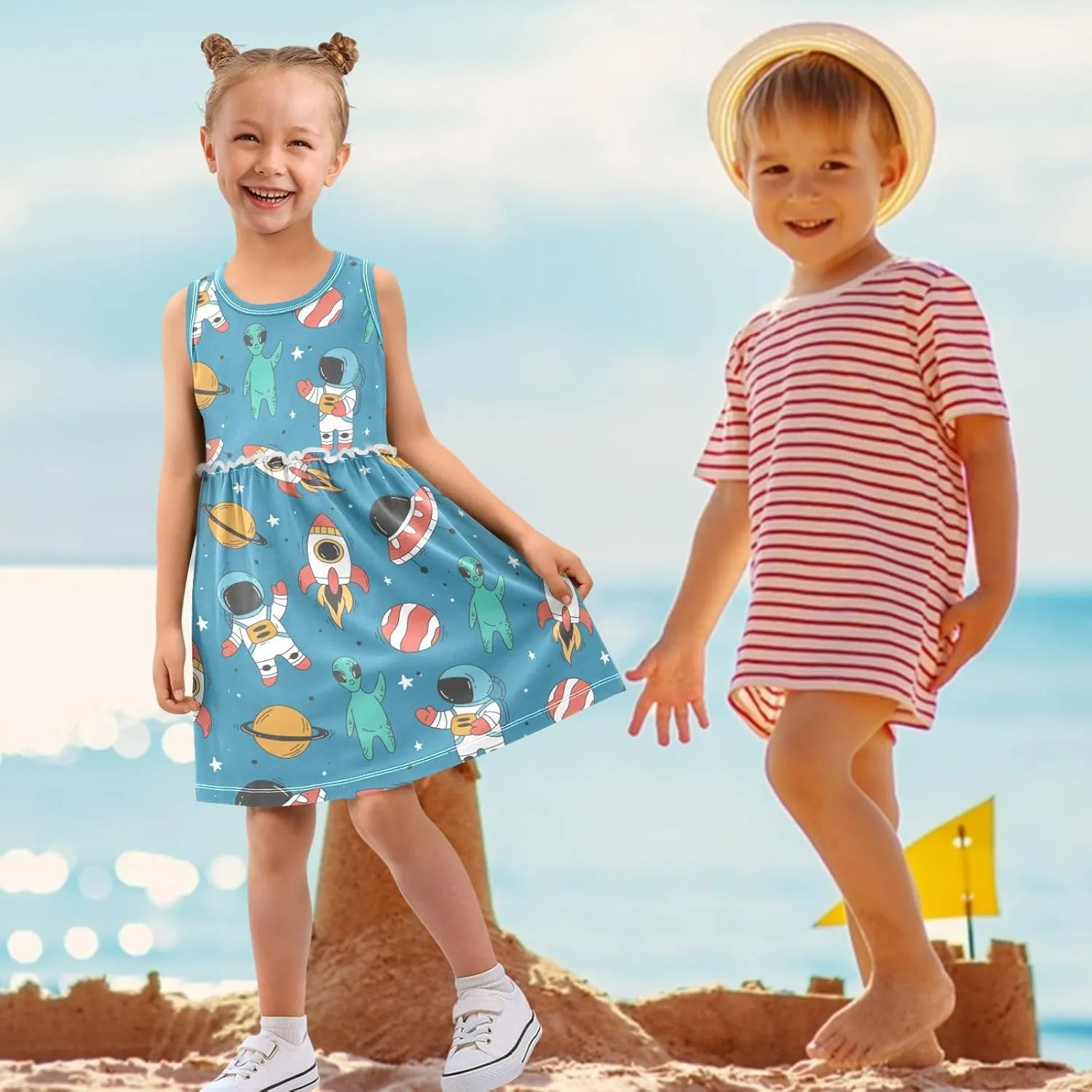 Little Girls Dress Sleeveless Casual Twirl Dresses Print Sundress for 2-8 Years