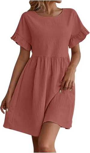 Lmdudan Summer Cotton Linen Dress Womens Casual Mini Dresses Short Sleeve Ruffle A-line High Waist Sundress Vacation Outfit