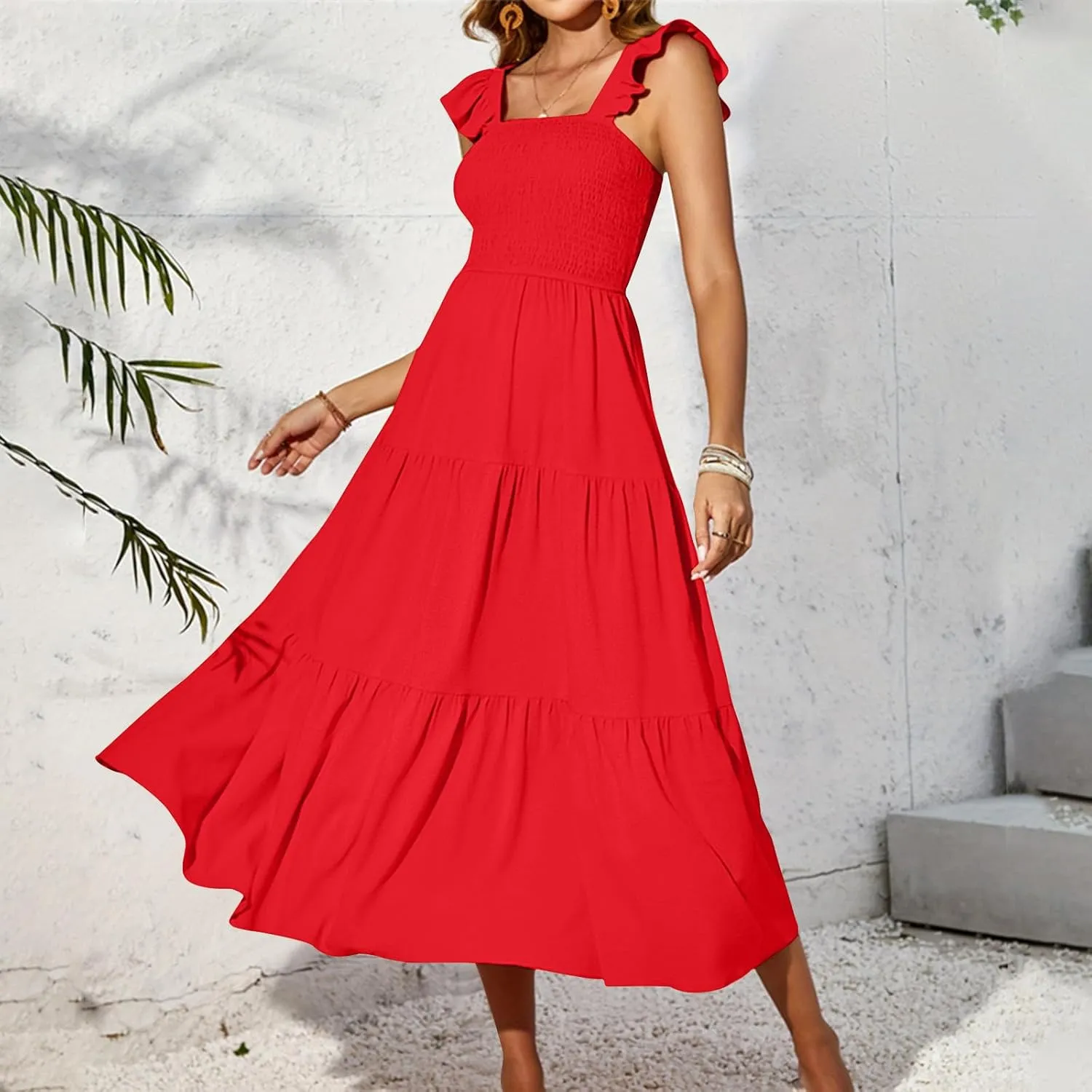 Lmdudan Women Ruffle Sleeveless Summer Sundress Square Neck High Waisted A Line Swing Tank Dress Trendy Solid Beach Dresses