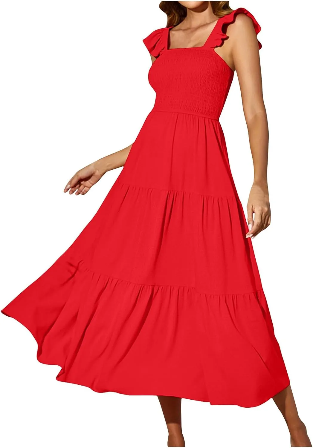 Lmdudan Women Ruffle Sleeveless Summer Sundress Square Neck High Waisted A Line Swing Tank Dress Trendy Solid Beach Dresses
