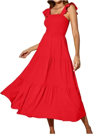 Lmdudan Women Ruffle Sleeveless Summer Sundress Square Neck High Waisted A Line Swing Tank Dress Trendy Solid Beach Dresses