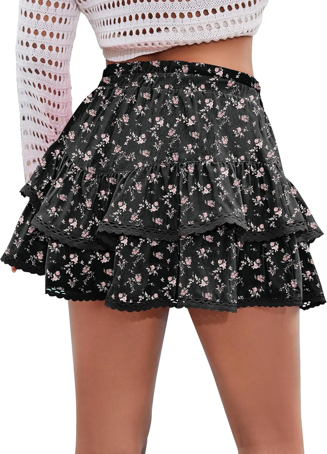 LOMON Flowy Skorts for Women Ruffle Tiered Skorts Casual High Waist Mini Skirts Tennis Golf Crochet Shorts