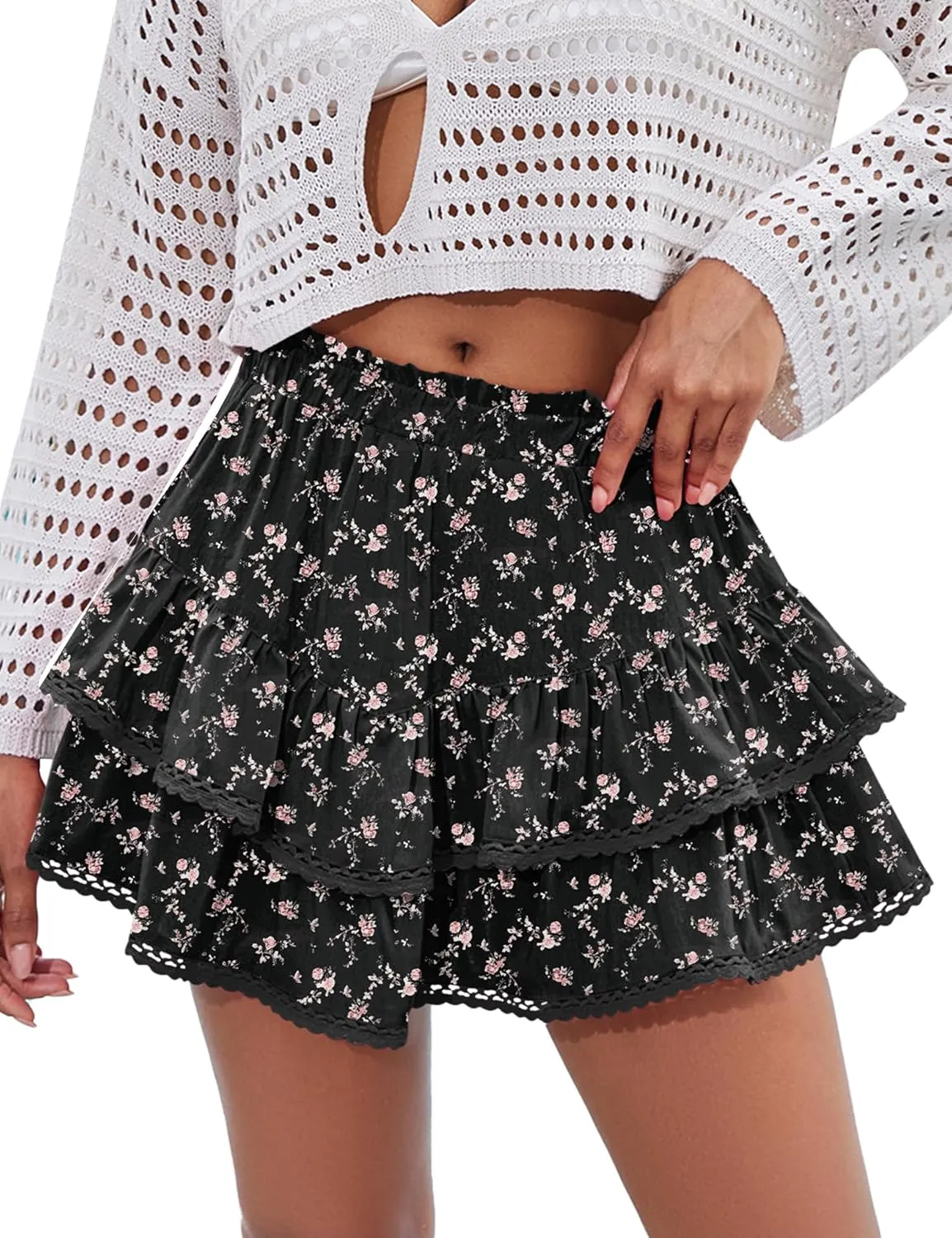 LOMON Flowy Skorts for Women Ruffle Tiered Skorts Casual High Waist Mini Skirts Tennis Golf Crochet Shorts