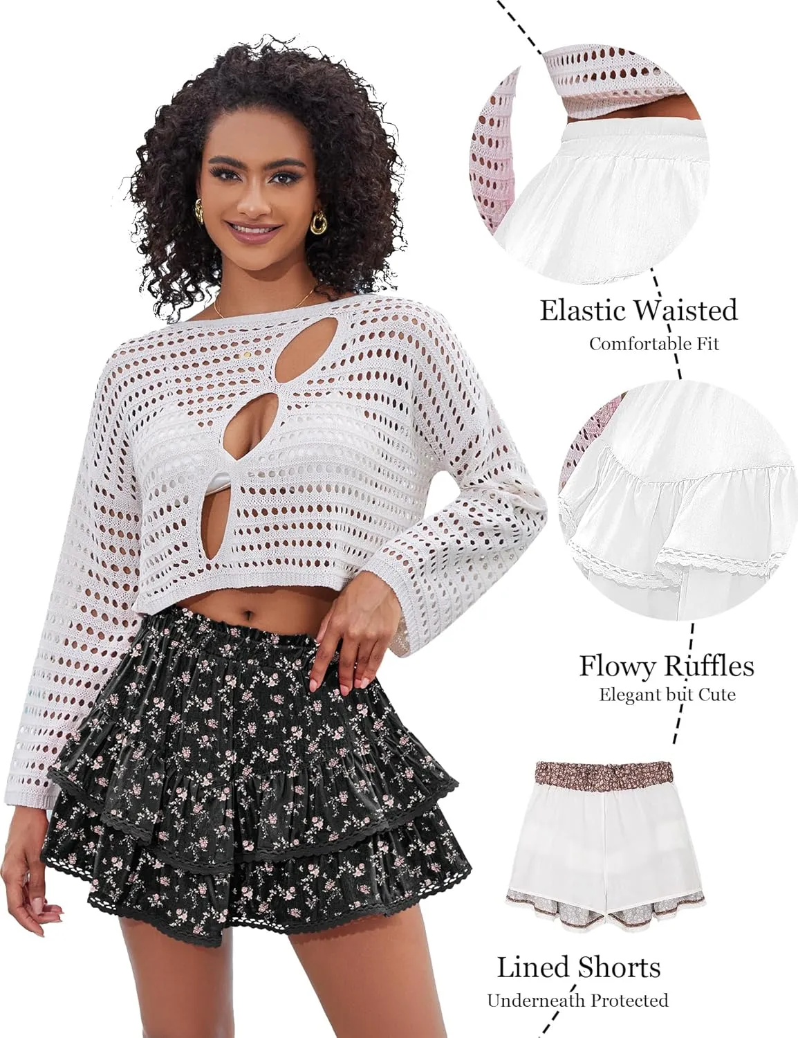 LOMON Flowy Skorts for Women Ruffle Tiered Skorts Casual High Waist Mini Skirts Tennis Golf Crochet Shorts