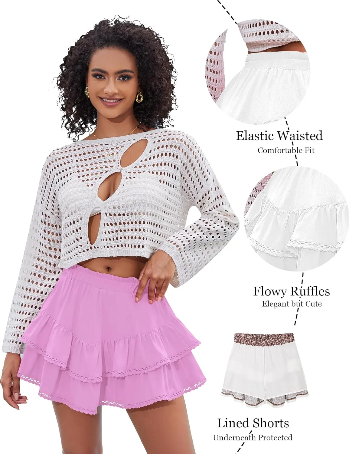 LOMON Flowy Skorts for Women Ruffle Tiered Skorts Casual High Waist Mini Skirts Tennis Golf Crochet Shorts