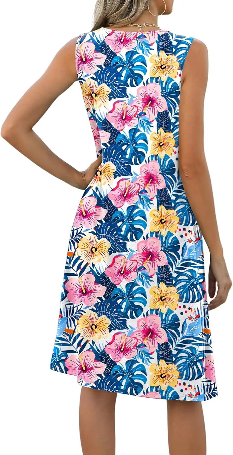 LOMON Womens Casual Summer Dresses Floral Beach Sleeveless Crewneck Pleated Tshirt Sundresses with Pockets
